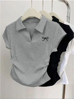 Shein Short and Sweet Collared Polo with side ruching, bow accent, v neck